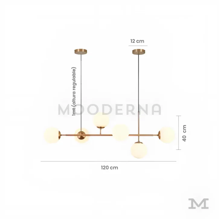 Luminaria Camila Gold con medidas ilustradas en fondo blanco.