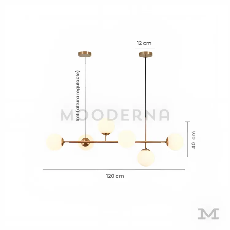 Luminaria Camila Gold con especificaciones. Luminaria Camila Gold con medidas ilustradas en fondo blanco.