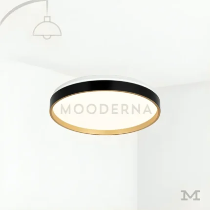 Luminaria Diane Black and Gold sobre fondo blanco, mostrando su diseño circular con acabado negro y borde dorado. Fabricada en aluminio y acrílico con luz LED integrada, combina elegancia y minimalismo en un solo diseño. Ideal para mostrar el producto de forma limpia y profesional en catálogos o páginas de producto.