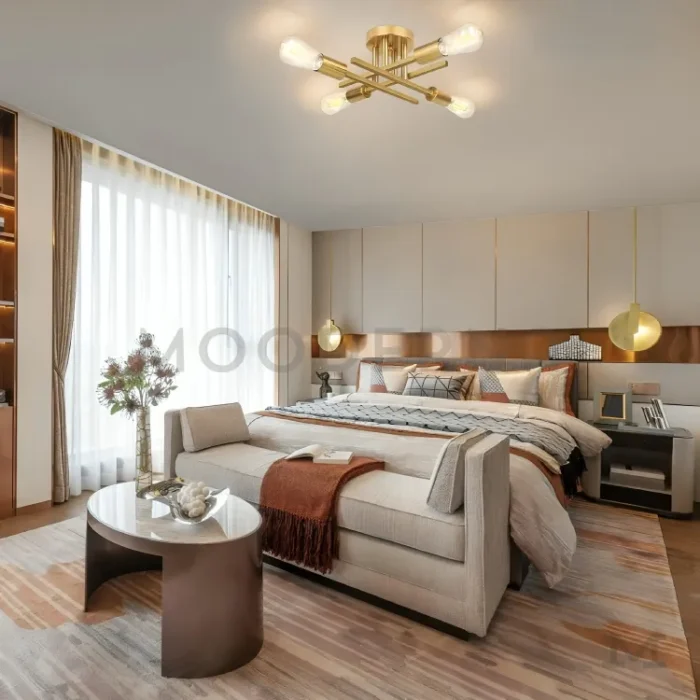 Dormitorio moderno iluminado por la luminaria Dahlia Gold.