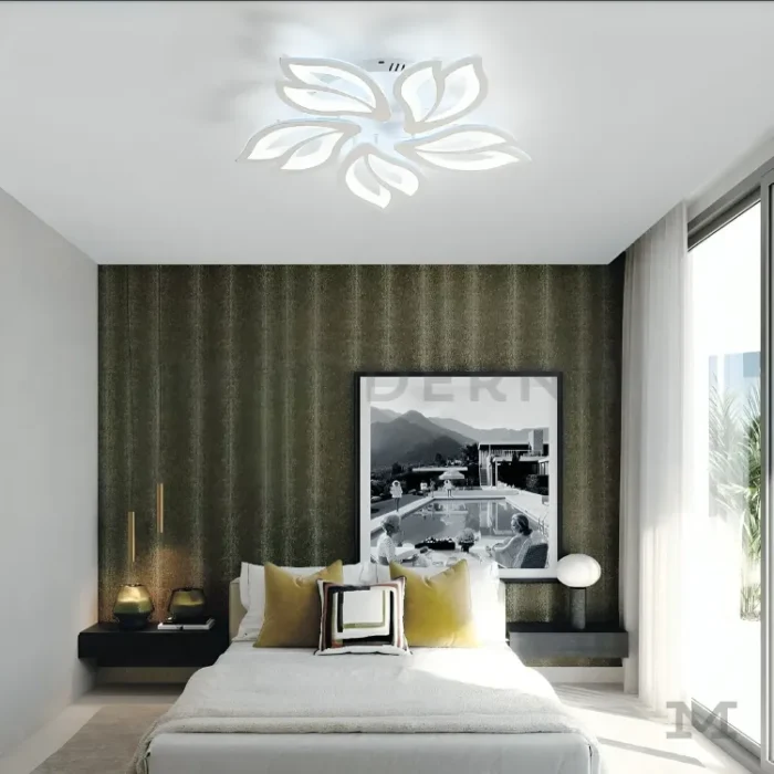 Ambiente de sala moderna con luminaria LED blanca.