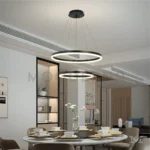 Comedor elegante con luminaria Billy Black colgante.
