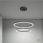 Comedor moderno con luminaria LED negra de doble aro.