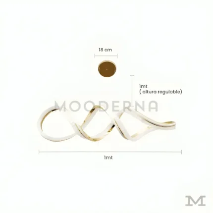 Luminaria Vittora Gold con medidas visibles. Presenta un diámetro de 120 cm y altura regulable hasta 1 metro, ofreciendo una presencia imponente sin perder armonía visual. Su estructura ligera y diseño dinámico permiten una iluminación amplia y uniforme.