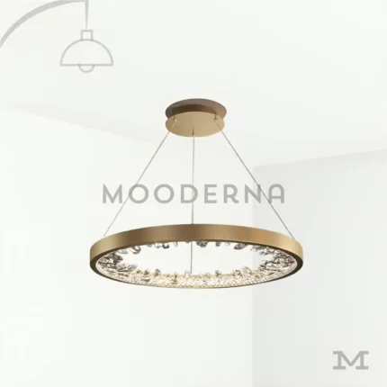 Luminaria Inari Gold sobre fondo blanco con logo de Mooderna.
