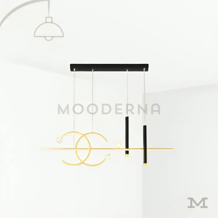 Luminaria Stella Black and Gold colgante sobre fondo blanco neutro.