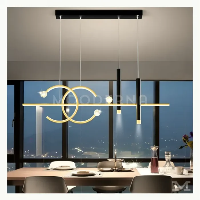Luminaria Stella instalada sobre mesa de comedor en ambiente elegante.