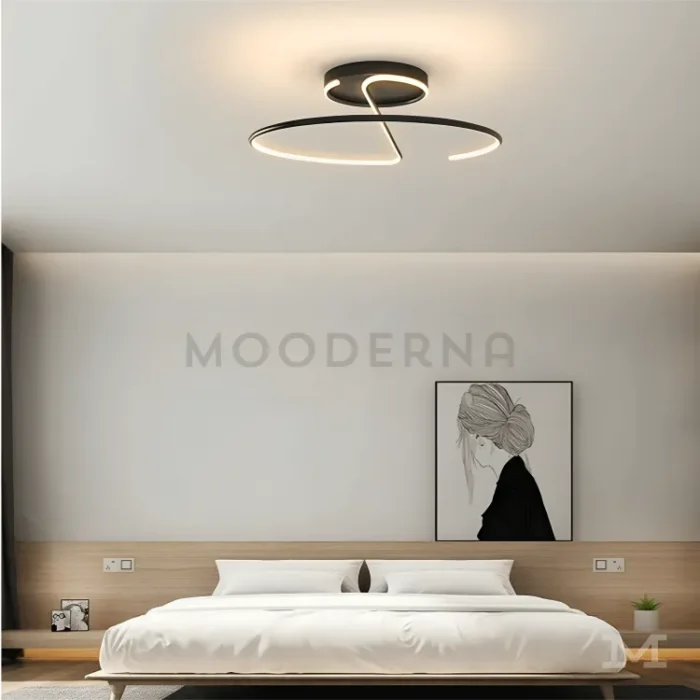 Vista de la luminaria Akira Black en habitación de estilo minimalista.