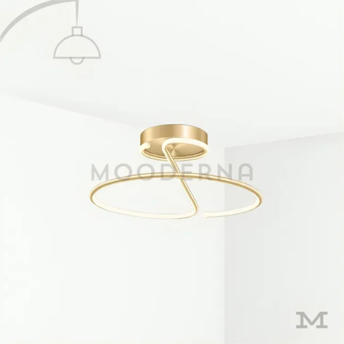 Luminaria Akira Gold con fondo blanco y forma circular flotante.