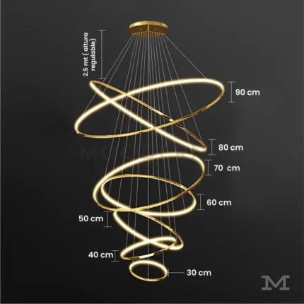 Luminaria Ámbar Gold con medidas de aros desde 30 hasta 90 cm.