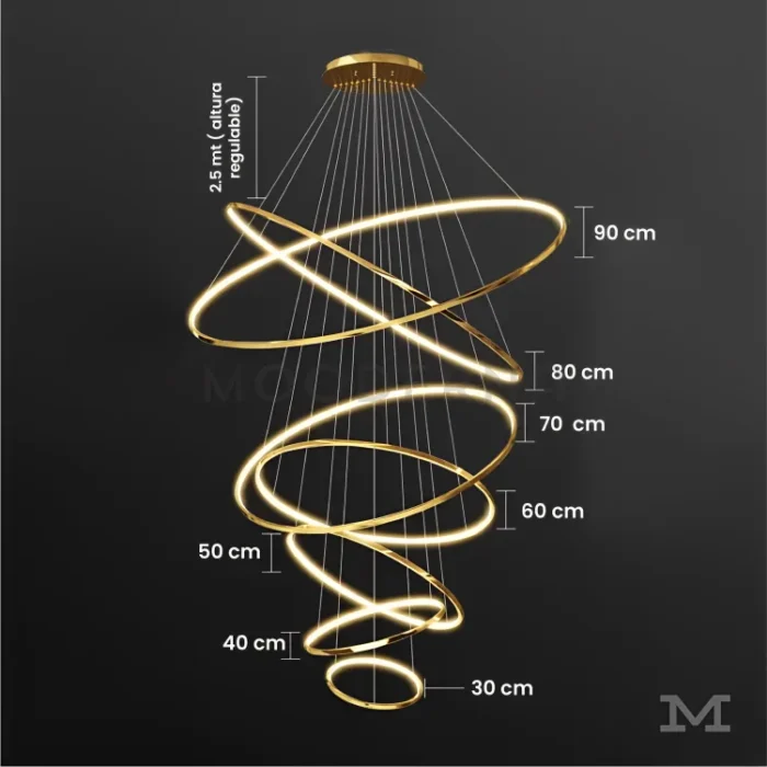 Luminaria Ámbar Gold con medidas de aros desde 30 hasta 90 cm.