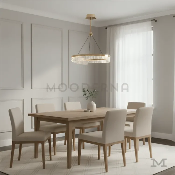 Vista de comedor moderno iluminado con la Stellar Gold.