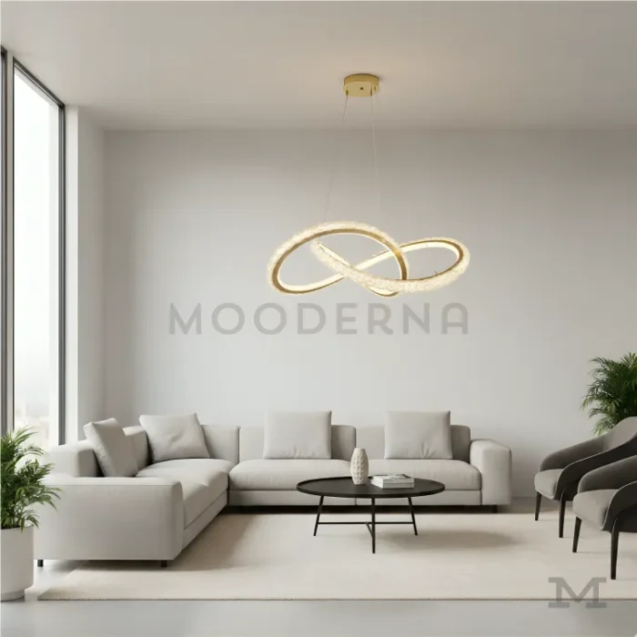 Ambiente de sala moderna con la luminaria al centro.