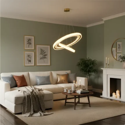 Ambiente de sala iluminado con la luminaria Calisto Gold.