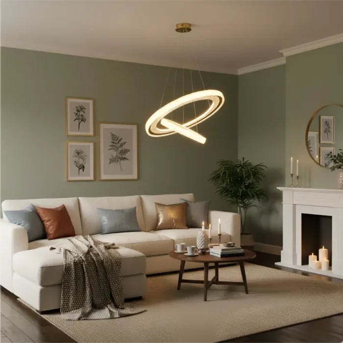 Ambiente de sala iluminado con la luminaria Calisto Gold.