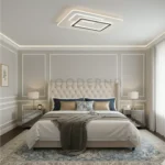 Instalada en dormitorio moderno, proyectando luz suave y envolvente.