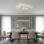 Ubicada sobre una mesa de comedor con diseño elegante.