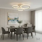 Instalada sobre comedor moderno con mesa rectangular.