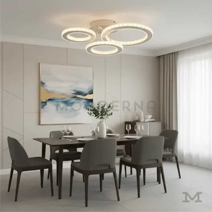 Instalada sobre comedor moderno con mesa rectangular.