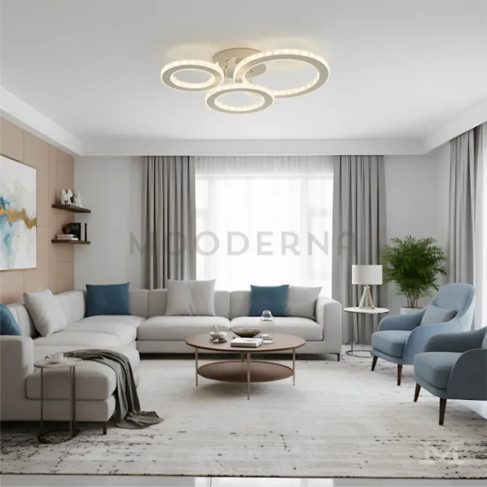 Sala decorada con detalles beige y Cyrene al centro.