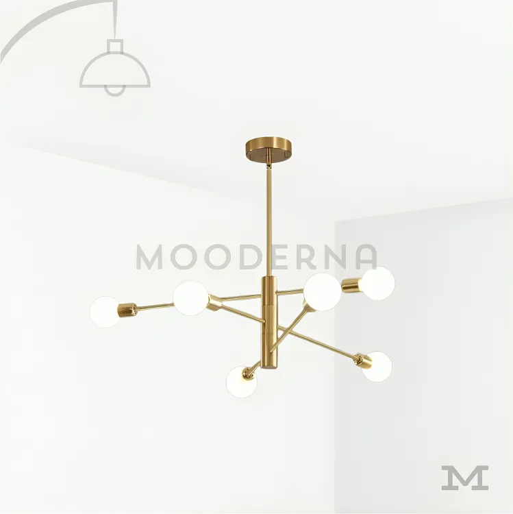 Visualiza el diseño moderno de 6 brazos. Luminaria Duna Gold sobre fondo blanco.