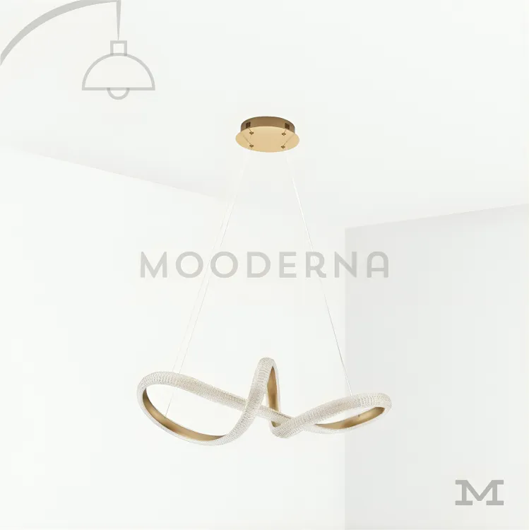 Diseño moderno de aros entrelazados con acabado mate Luminaria colgante dorada sobre fondo blanco