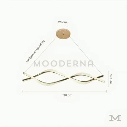 Luminaria Fany Gold con altura y largo especificados en centímetros