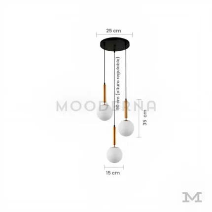 Luminaria Daysi Black and Gold con medidas visibles. Muestra una altura de 35 cm regulable hasta 65 cm y un diámetro de 15 cm. Su formato técnico ayuda a planificar la instalación en comedores o barras modernas. Ideal para techos medianos y espacios entre 6 a 8 m².