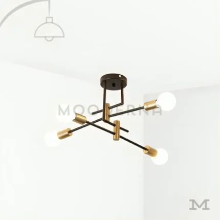 Luminaria negra con brazos dorados vista frontal sobre fondo blanco