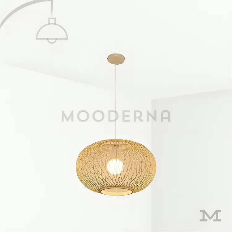 Luminaria Laurel de diseño natural en fondo blanco Lámpara colgante de ratán con base dorada sobre fondo blanco