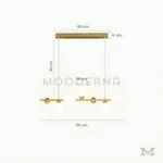 Luminaria Hinata Gold con medidas detalladas de largo, altura y diámetro de esferas