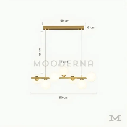 Luminaria Hinata Gold con medidas detalladas de largo, altura y diámetro de esferas