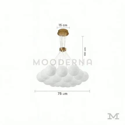 Luminaria Moon Gold con medidas reales de 100 cm de altura regulable y 75 cm de diámetro, compuesta por 19 esferas distribuidas de manera uniforme para iluminar de 14 a 18 m².