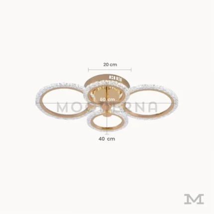 Luminaria Dasha Gold con medidas visibles. Muestra un diámetro de 40 cm y altura total de 10 cm, ideal para ambientes con techos bajos o medianos. Su diseño compacto permite instalarla en distintas áreas sin perder estilo ni potencia lumínica.