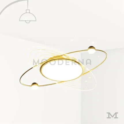 Luminaria Eclipse Gold sobre fondo blanco con diseño circular moderno y estructura dorada satinada. Fabricada en aluminio y vidrio con luz LED integrada, ofrece una iluminación decorativa elegante y contemporánea ideal para salas o dormitorios amplios.