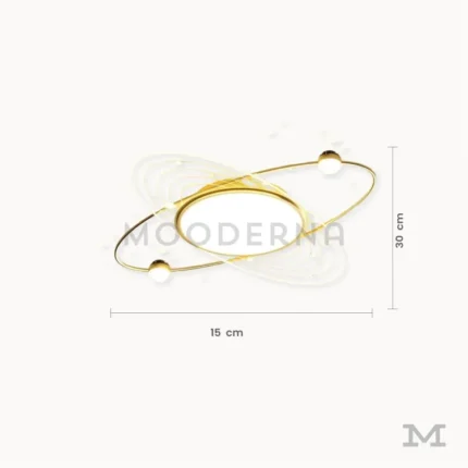 Luminaria Eclipse Gold con medidas visibles. Presenta un diámetro de 30 cm y altura de 10 cm, mostrando proporciones reales del diseño. Ideal para planificación de instalación en habitaciones o salas modernas con iluminación equilibrada.