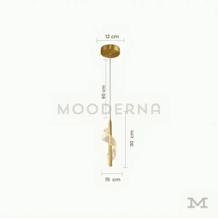 Luminaria Lunisse Gold con medidas visibles. Muestra un diseño estilizado con 30 cm de altura y altura regulable hasta 60 cm, ideal para ajustarse a distintas proporciones de techo. Su forma alargada y minimalista crea una iluminación sutil y envolvente.