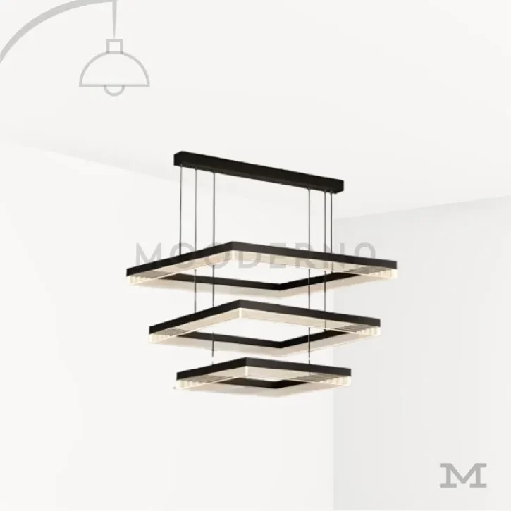 Luminaria Amelie Black sobre fondo blanco con diseño geométrico de tres niveles cuadrados suspendidos. Fabricada en aluminio y acrílico con luz LED integrada, combina elegancia y modernidad, ideal para ambientes amplios y contemporáneos.