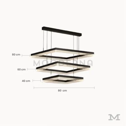 Luminaria Amelie Black con medidas visibles. Muestra dimensiones de 40, 60 y 80 cm por nivel, con altura regulable hasta 1 metro. Su diseño estructurado y simétrico permite ajustar la forma para adaptarse a diferentes alturas de techo.
