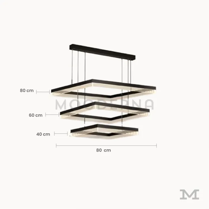 Luminaria Amelie Black con medidas visibles. Muestra dimensiones de 40, 60 y 80 cm por nivel, con altura regulable hasta 1 metro. Su diseño estructurado y simétrico permite ajustar la forma para adaptarse a diferentes alturas de techo.