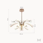 Luminaria Thea Gold con medidas visibles. Muestra un diámetro de 95 cm y altura total de 75 cm, perfecta para techos amplios o de doble altura. Su estructura metálica curvada distribuye la luz de forma uniforme en espacios grandes.