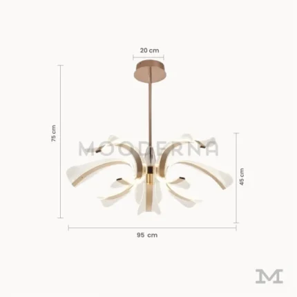 Luminaria Thea Gold con medidas visibles. Muestra un diámetro de 95 cm y altura total de 75 cm, perfecta para techos amplios o de doble altura. Su estructura metálica curvada distribuye la luz de forma uniforme en espacios grandes.