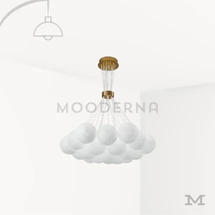 Luminaria Moon Gold en fondo blanco mostrando sus 19 esferas LED en acabado satinado, ideal para ambientes modernos y elegantes.