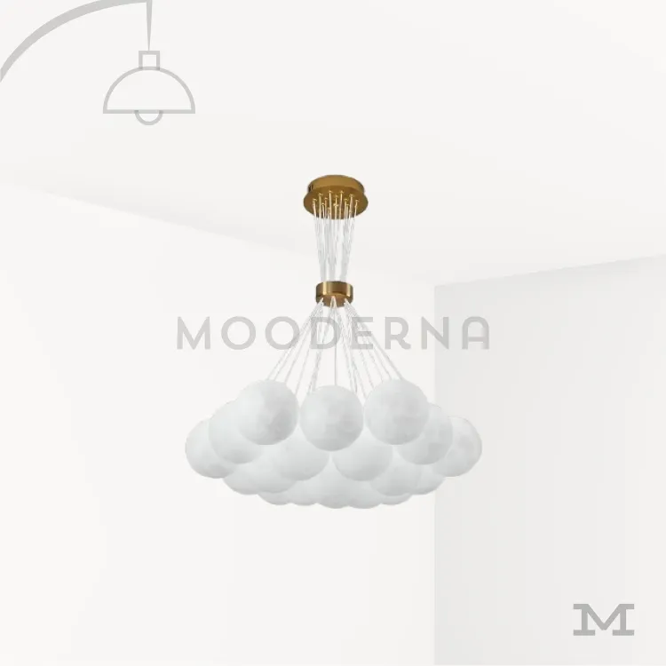 Lámpara Moon Gold decorativa. Luminaria Moon Gold en fondo blanco mostrando sus 19 esferas LED en acabado satinado, ideal para ambientes modernos y elegantes.
