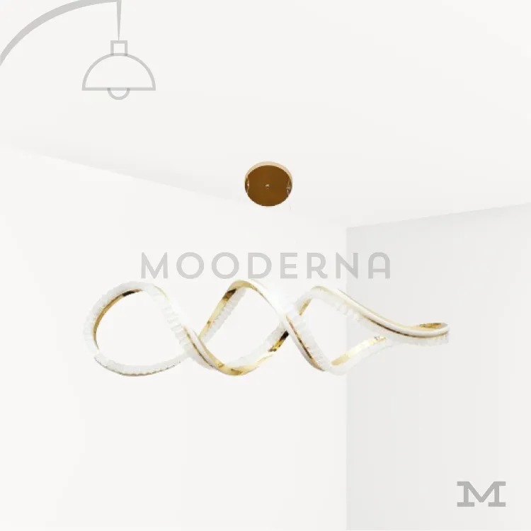 Vittora Gold luminaria moderna dorada. Luminaria Vittora Gold sobre fondo blanco con diseño moderno de líneas onduladas y acabado dorado brillante. Fabricada en aluminio y acrílico con luz LED incorporada, combina elegancia y tecnología en una pieza sofisticada ideal para ambientes contemporáneos.