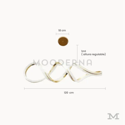 Luminaria Vittora Gold con medidas visibles. Presenta un diámetro de 120 cm y altura regulable hasta 1 metro, ofreciendo una presencia imponente sin perder armonía visual. Su estructura ligera y diseño dinámico permiten una iluminación amplia y uniforme.