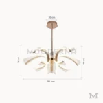 Luminaria Thea Gold con medidas visibles. Muestra un diámetro de 95 cm y altura total de 75 cm, perfecta para techos amplios o de doble altura. Su estructura metálica curvada distribuye la luz de forma uniforme en espacios grandes.