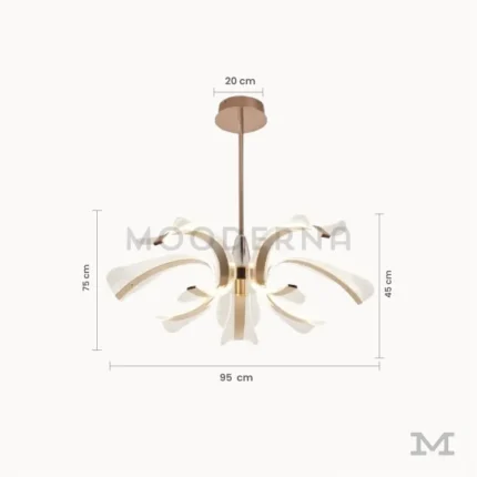 Luminaria Thea Gold con medidas visibles. Muestra un diámetro de 95 cm y altura total de 75 cm, perfecta para techos amplios o de doble altura. Su estructura metálica curvada distribuye la luz de forma uniforme en espacios grandes.