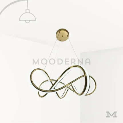 Luminaria Farella Gold sobre fondo blanco con diseño moderno de líneas entrelazadas en acabado dorado satinado. Fabricada en aluminio y acrílico con luz LED incorporada, destaca por su estructura elegante y su iluminación uniforme ideal para espacios contemporáneos.