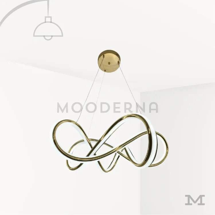 Farella Gold luminaria moderna dorada. Luminaria Farella Gold sobre fondo blanco con diseño moderno de líneas entrelazadas en acabado dorado satinado. Fabricada en aluminio y acrílico con luz LED incorporada, destaca por su estructura elegante y su iluminación uniforme ideal para espacios contemporáneos.